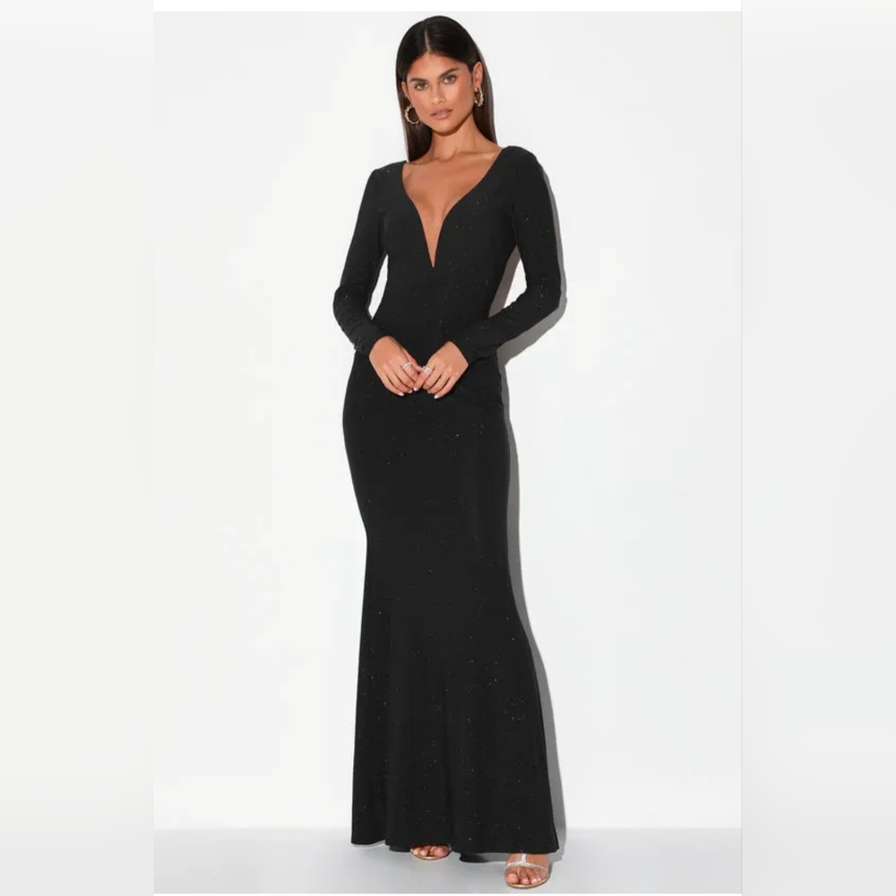 Lulu's Black Plunge Long Sleeve Gown